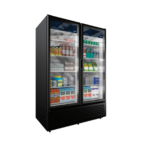 Glass door cooler with 2 doors stock with food and drinks